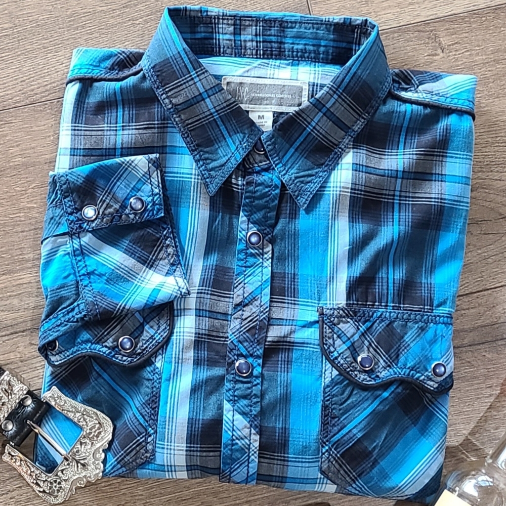Gently Worn! I.N.C - Mens Western Styling Blue Pearl Snap Button Shirt - Size M
